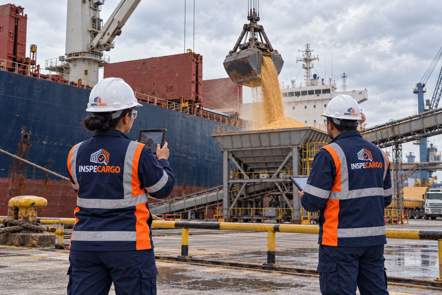 Imagen ilustrativa: dos personas con tabletas observan desde el muelle cómo una cuchara descarga grano de un buque a una tolva.